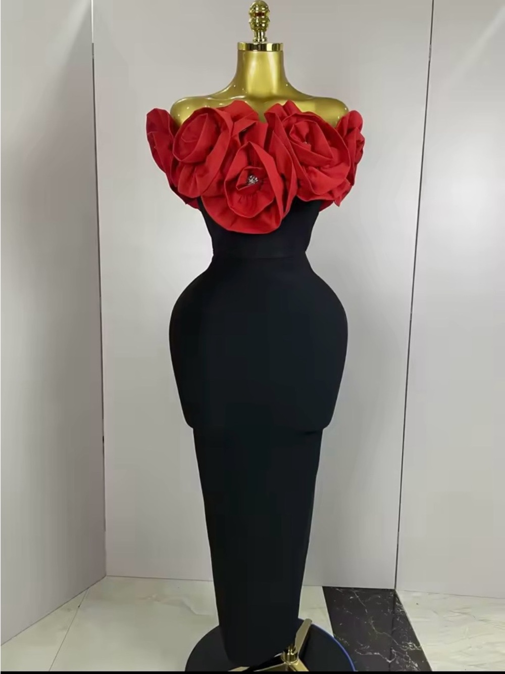 Off-Shoulder Black Dress with Red Floral Bodice